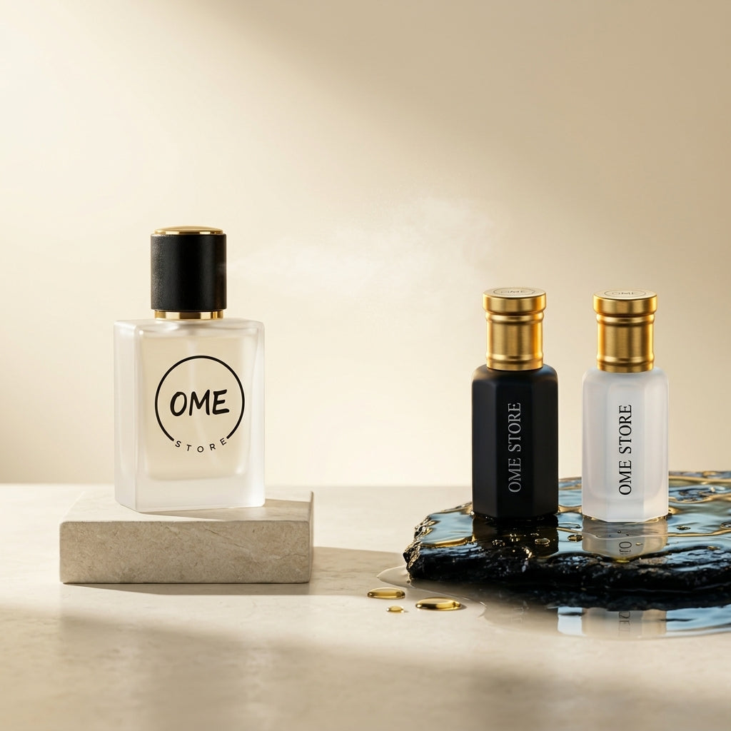 Parfum me sprucim dhe parfume vajore OME Store në një kompozim krahasues.