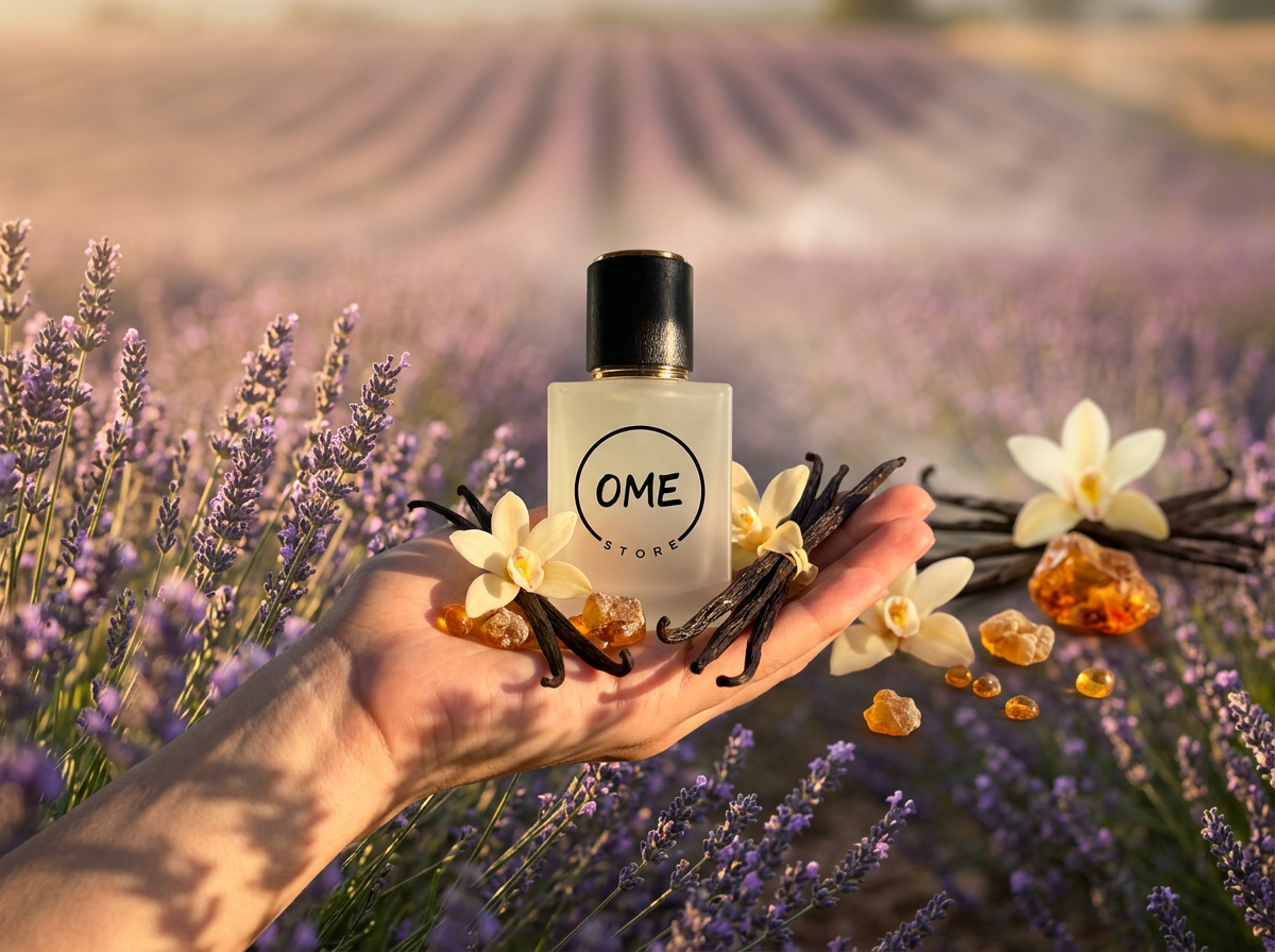 Parfume të ëmbla për femra OME Store me vanilje dhe amber, të vendosura në një fushë me lavandë.